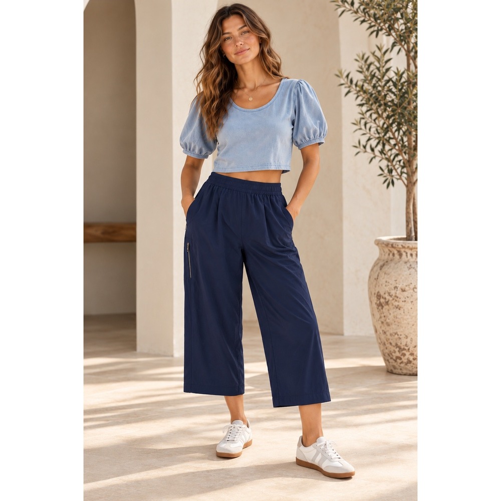 Quince Navy Blue Recycled Stretch Wide Leg Cropped Pants GCGL01 Small